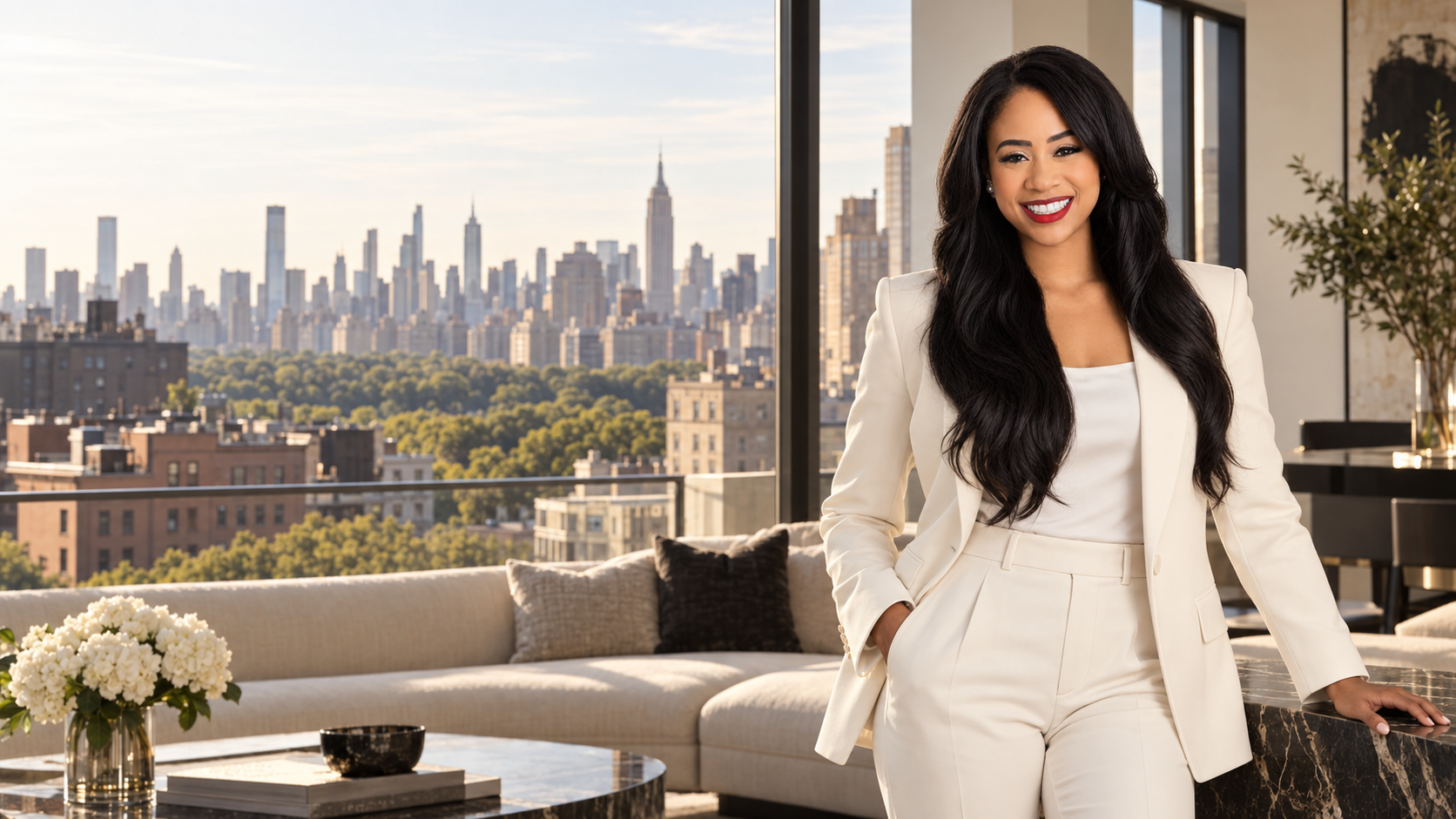 Editorial portrait in a New York residence with skyline view
